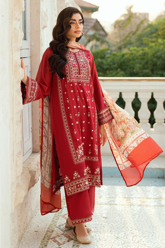 Dhanak | SWISS VOILE | RED SWISS VOILE 2PCS EMBROIDERED KURTA WITH TROUSER