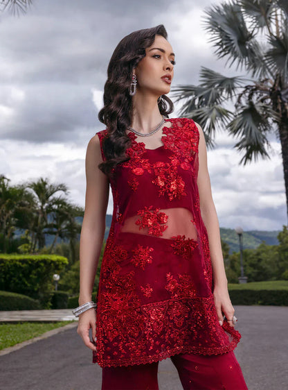 Zainab Chottani Embroidered Organza 3Pc Suit D-09 Ruby Luxe