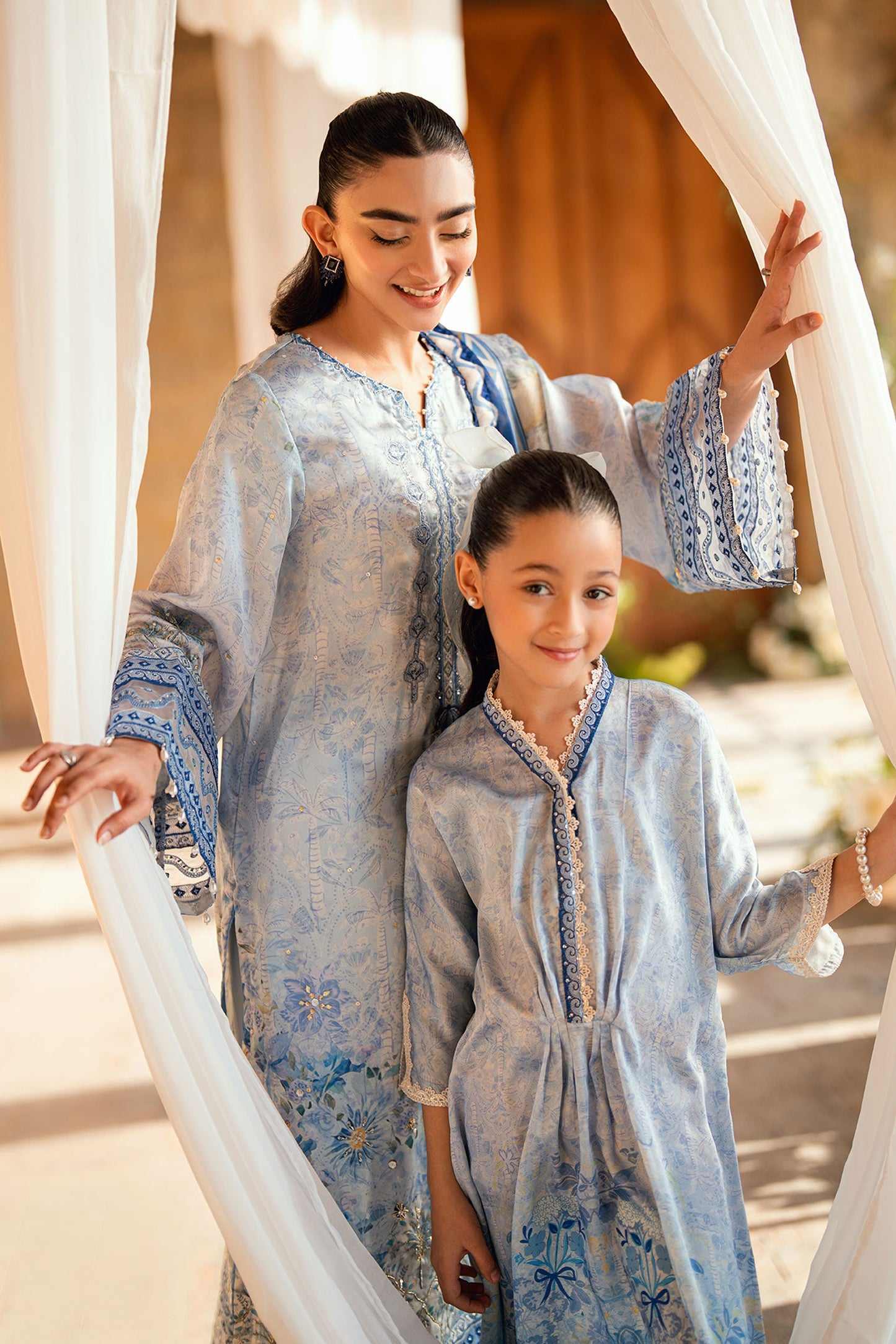 Dhanak | Silk Pret | SKY BLUE 2PCS HAND EMBELLISHED KURTA WITH TROUSER