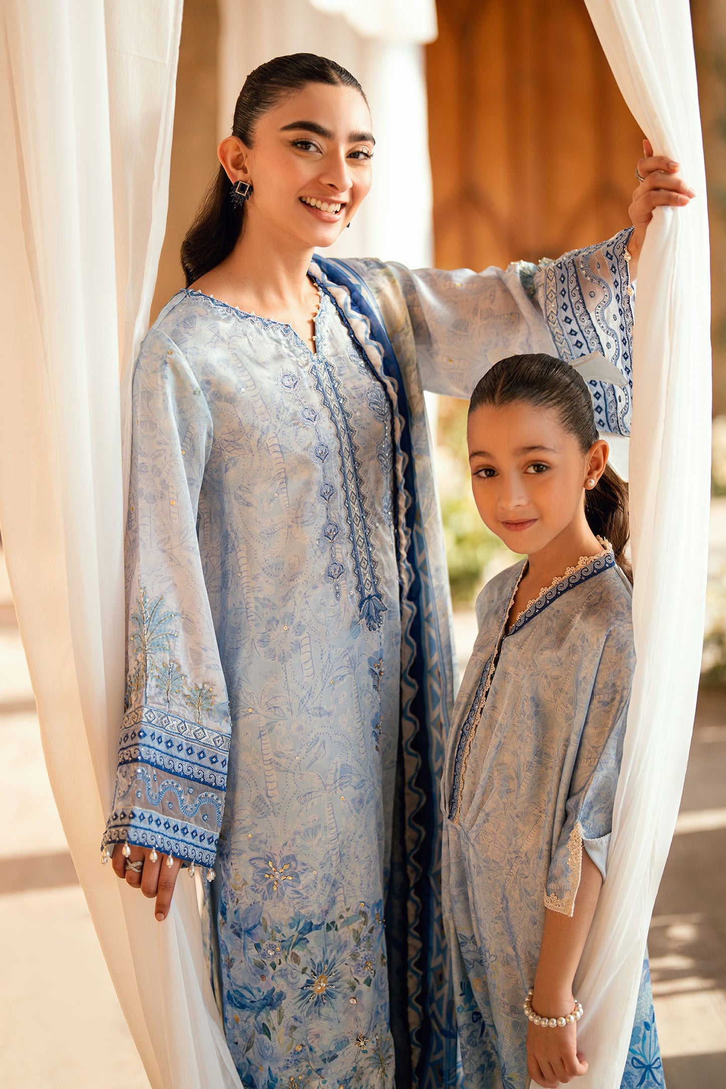 Dhanak | Silk Pret | SKY BLUE 2PCS HAND EMBELLISHED KURTA WITH TROUSER