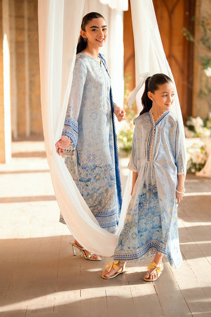 Dhanak | Silk Pret | SKY BLUE 2PCS HAND EMBELLISHED KURTA WITH TROUSER