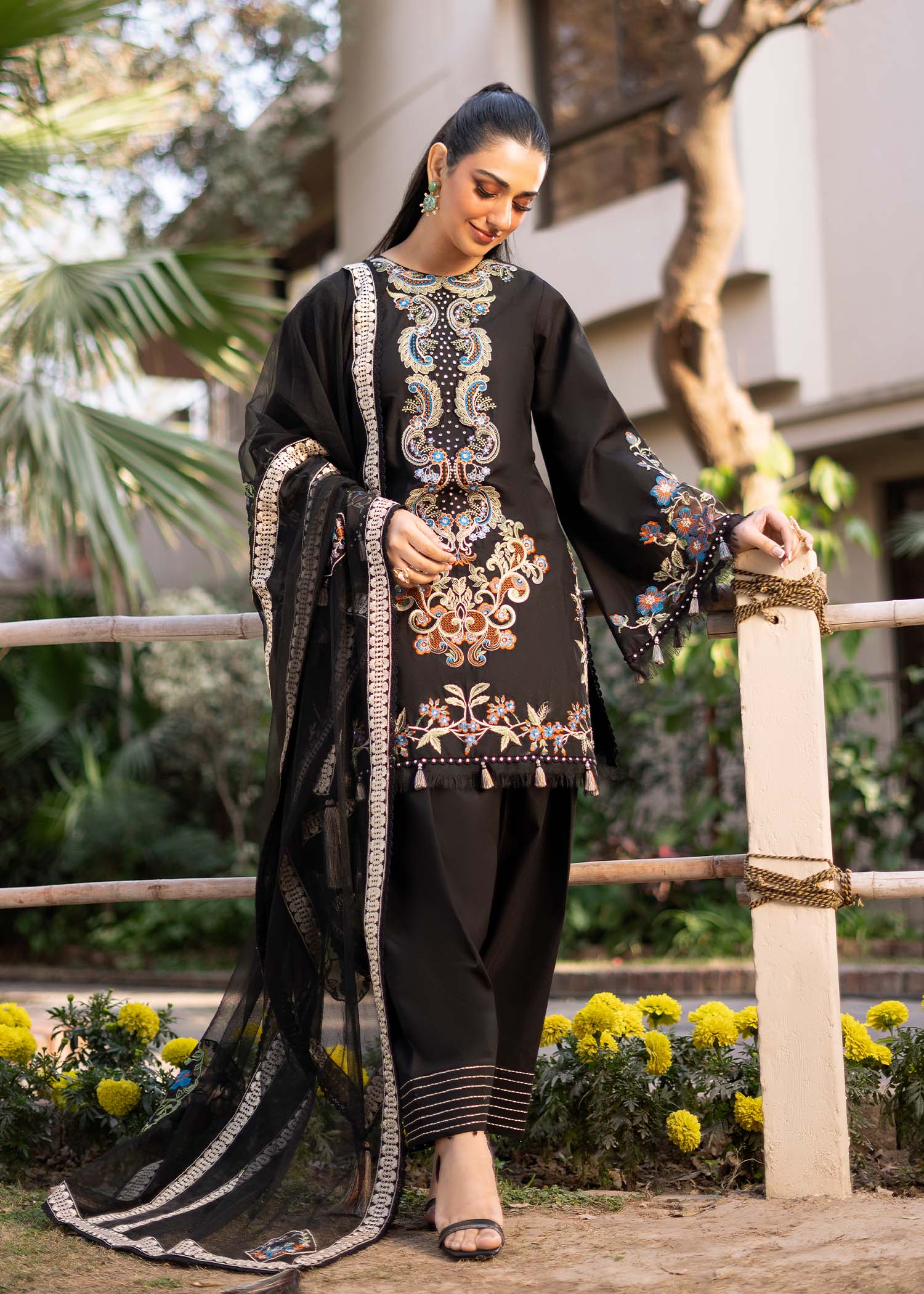 Fozia Khalid | Blossom Festive Lawn 25 | Black viola - House Of Anaya