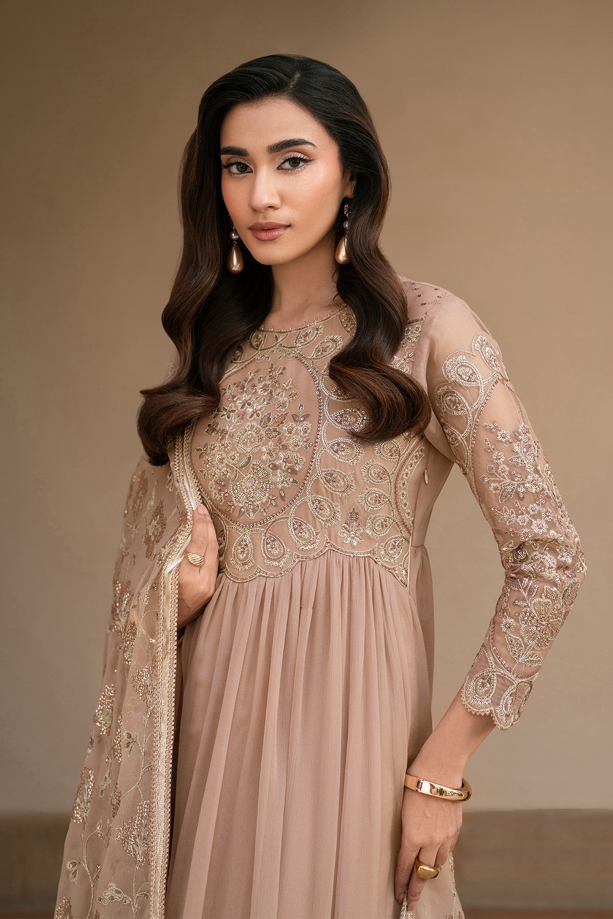 Alizeh | Ready to wear | Beige Dress 3 piece - RTW1027