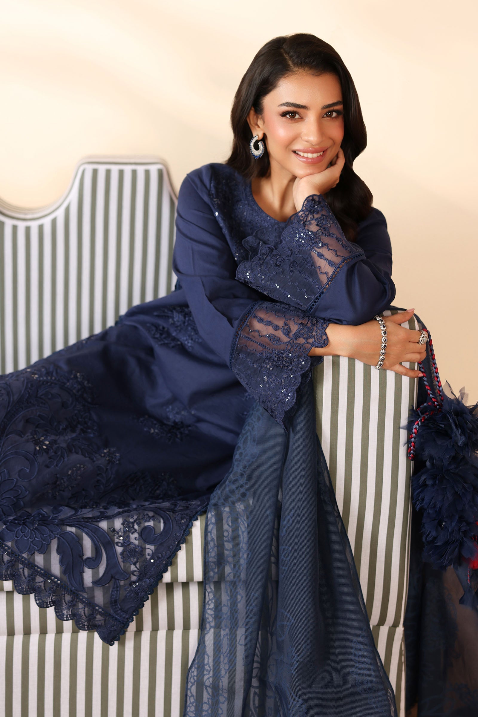 Maria B | Pre Fall Dresses | 3 Piece Embroidered Dobby Suit Navy Blue