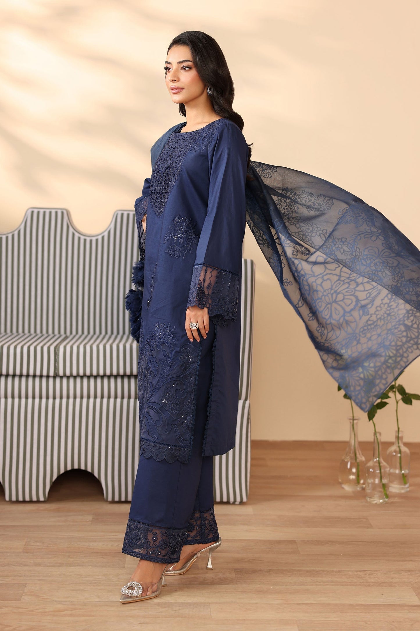 Maria B | Pre Fall Dresses | 3 Piece Embroidered Dobby Suit Navy Blue