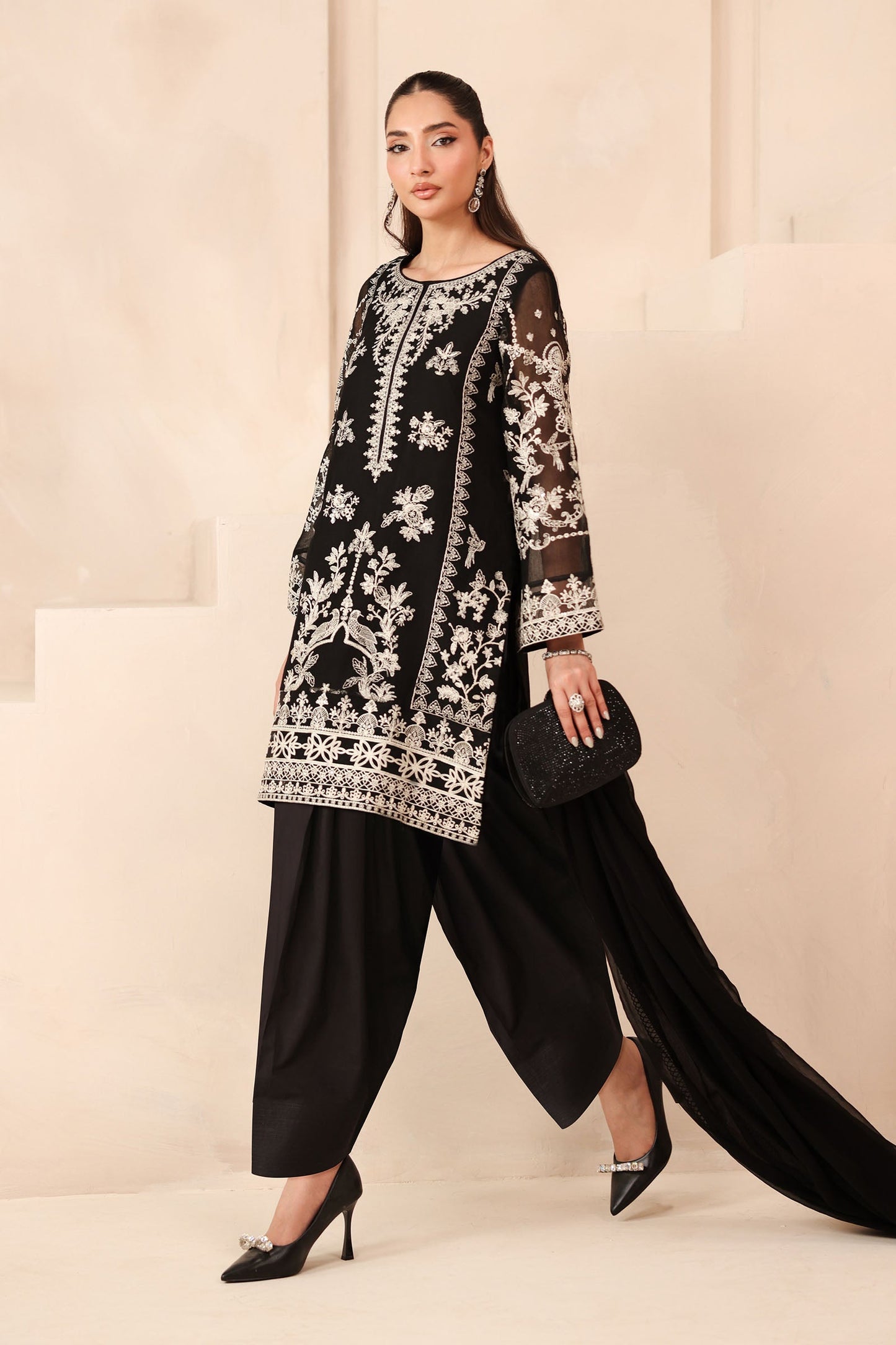 Maria B | Pre Fall Dresses | 3 Piece Embroidered Cotton Net Suit Black