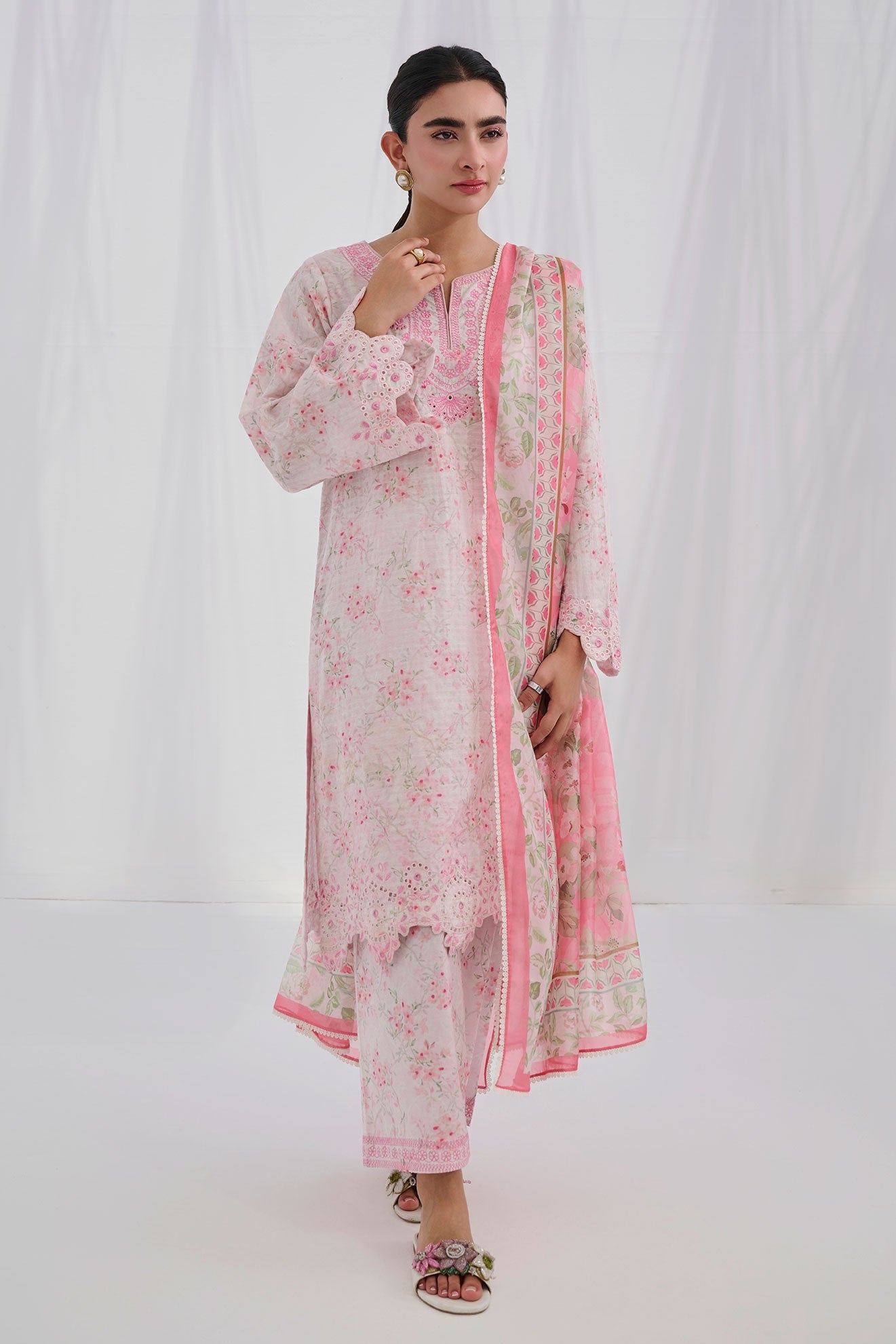 Dhanak | Casual Pret | PINK COTTON JACQUARD 2PCS EMBROIDERED KURTA WITH TROUSER