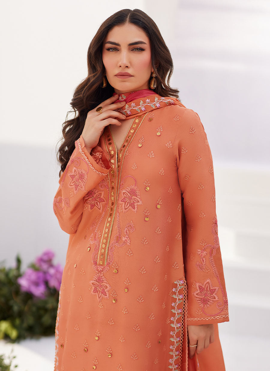 Farah Talib Aziz | Zaza Luxe Pret 24 | ELYNA CORAL EMBROIDERED RAW SILK SHIRT AND DUPATTA - House Of Anaya