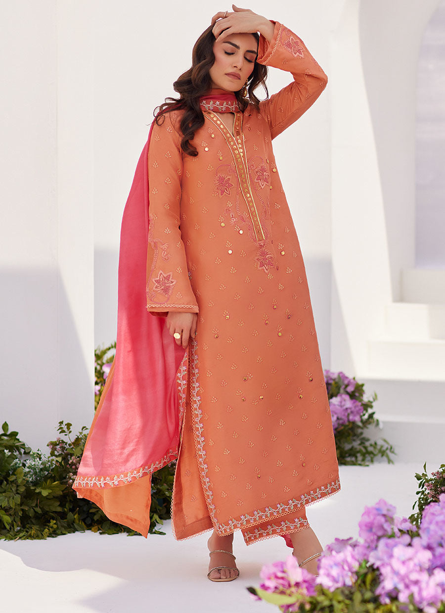 Farah Talib Aziz | Zaza Luxe Pret 24 | ELYNA CORAL EMBROIDERED RAW SILK SHIRT AND DUPATTA - House Of Anaya