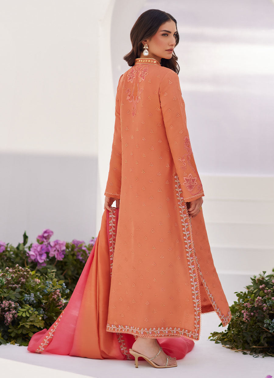 Farah Talib Aziz | Zaza Luxe Pret 24 | ELYNA CORAL EMBROIDERED RAW SILK SHIRT AND DUPATTA - House Of Anaya