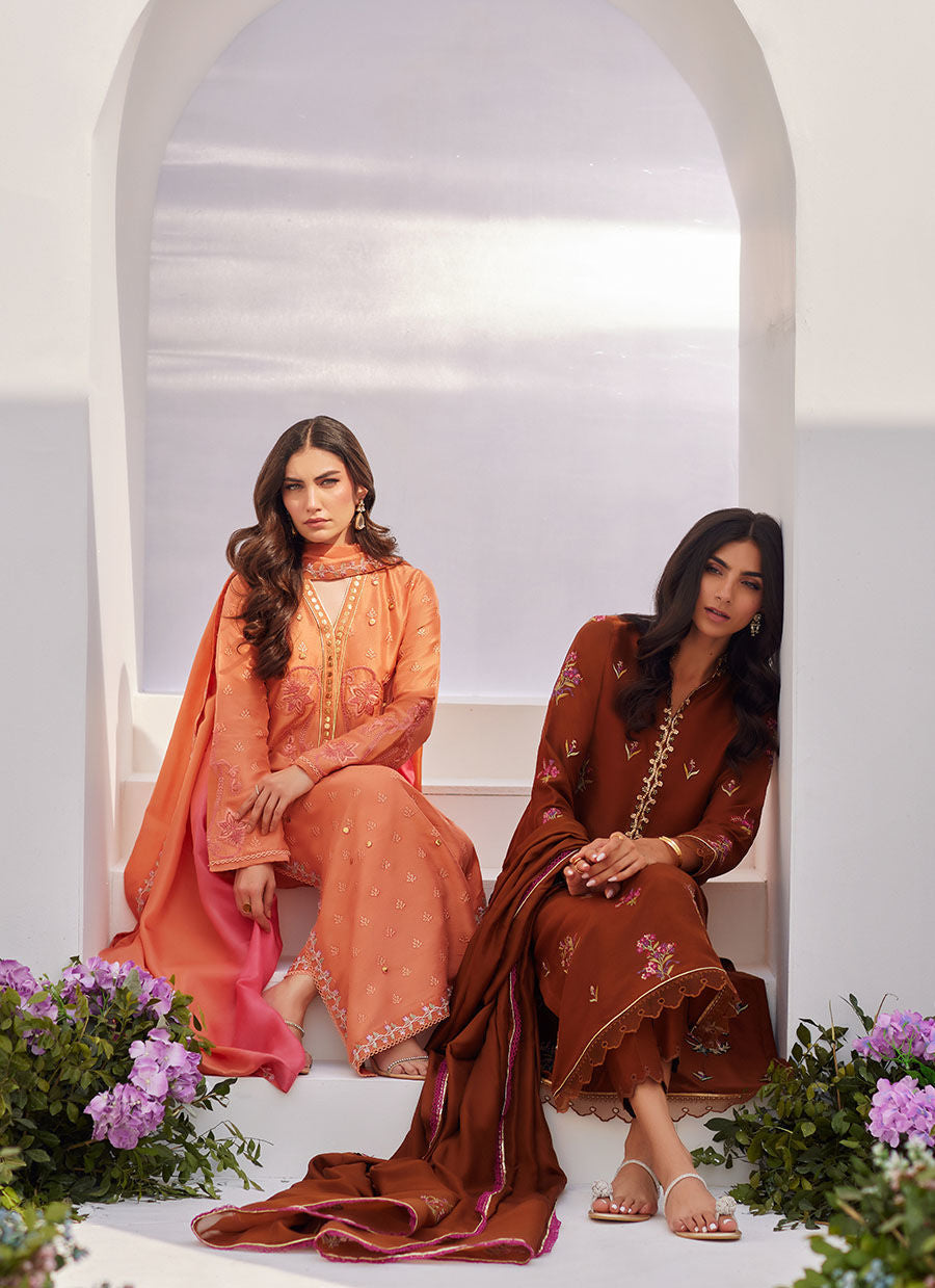 Farah Talib Aziz | Zaza Luxe Pret 24 | ELYNA CORAL EMBROIDERED RAW SILK SHIRT AND DUPATTA - House Of Anaya