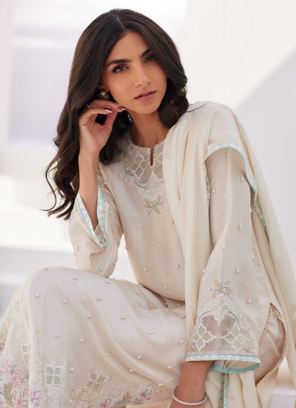Farah Talib Aziz | Zaza Luxe Pret 24 | LYA IVORY EMBELLISHED RAW SILK SHIRT AND DUPATTA - House Of Anaya