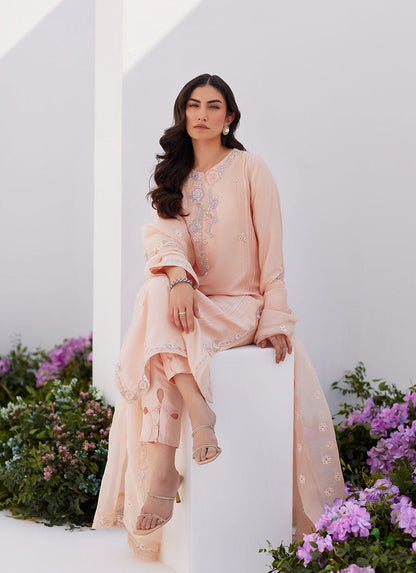 Farah Talib Aziz | Zaza Luxe Pret 24 | ELEA PEACH EMBROIDERED RAW SILK SHIRT AND DUPATTA - House Of Anaya