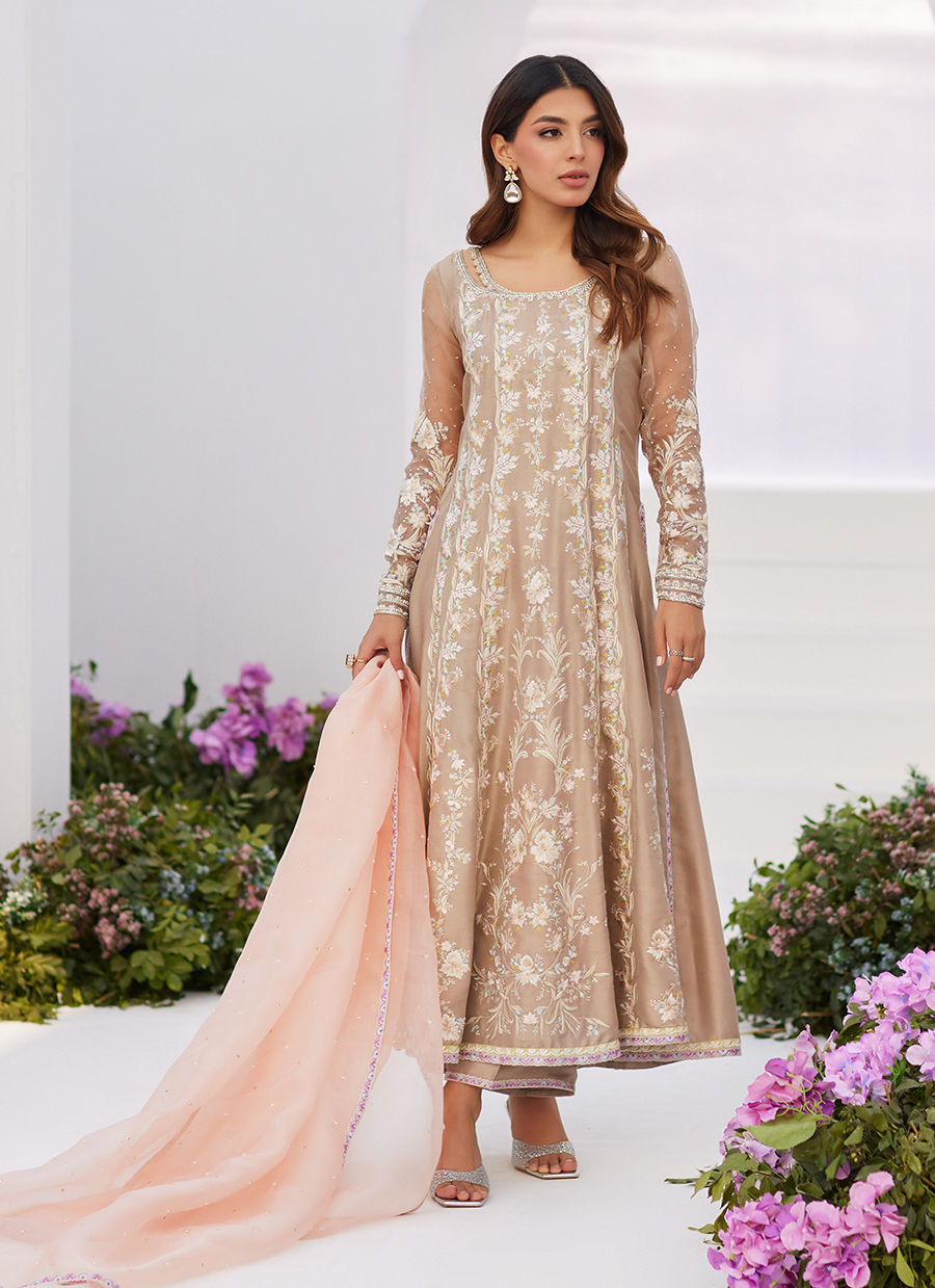 Farah Talib Aziz | Zaza Luxe Pret 24 | CHARLENE SAND EMBROIDERED KALIDAAR WITH DUPATTA - House Of Anaya