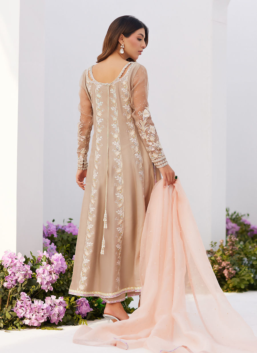 Farah Talib Aziz | Zaza Luxe Pret 24 | CHARLENE SAND EMBROIDERED KALIDAAR WITH DUPATTA - House Of Anaya