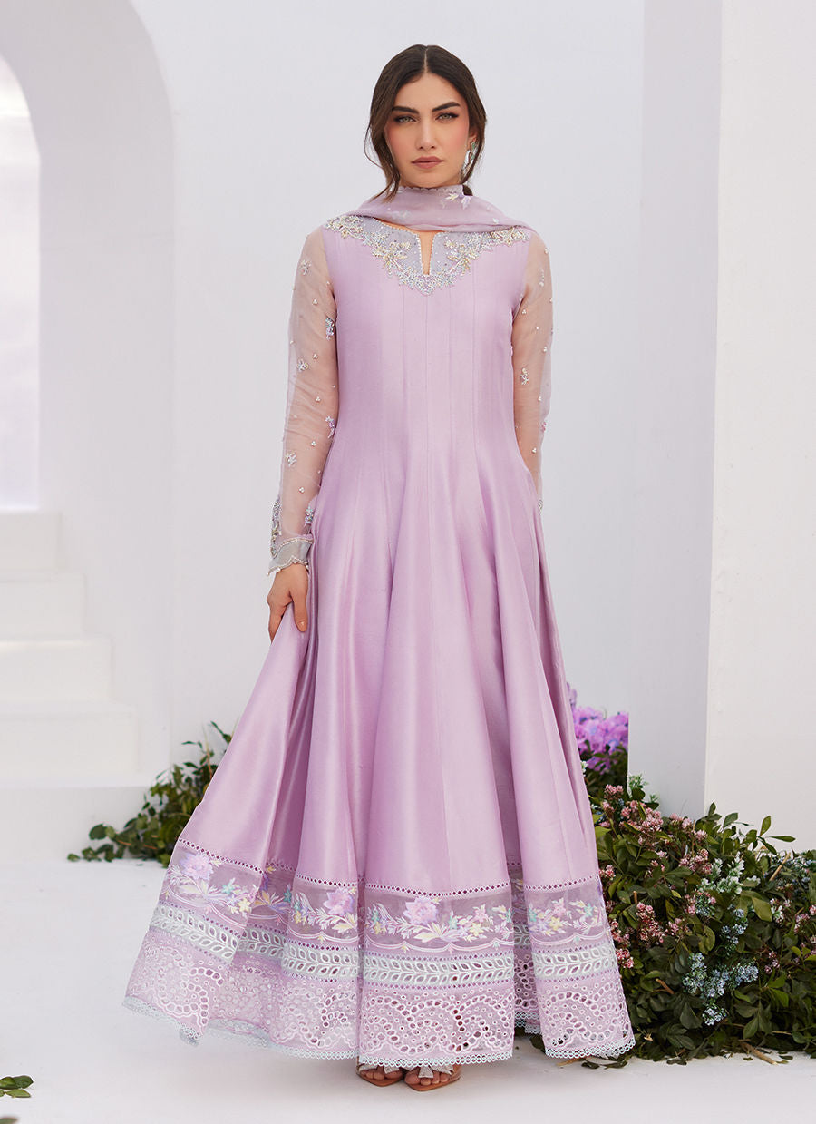 Farah Talib Aziz | Zaza Luxe Pret 24 | MANON LILAC EMBELLISHED RAW SILK KALIDAAR - House Of Anaya