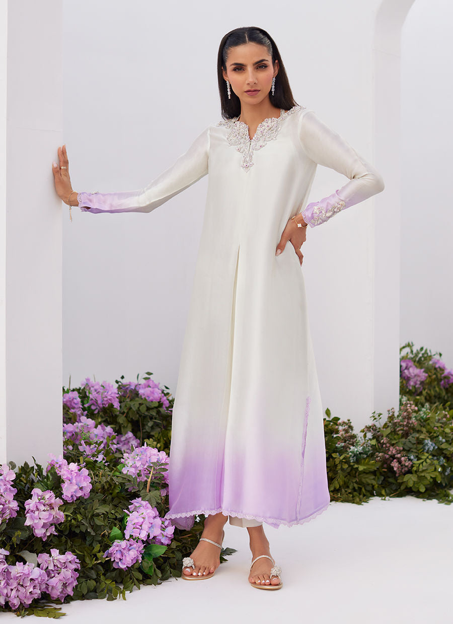 Farah Talib Aziz | Zaza Luxe Pret 24 | LIQUE SILVER OMBRE EMBELLISHED KAFTAAN CUT SHIRT - House Of Anaya