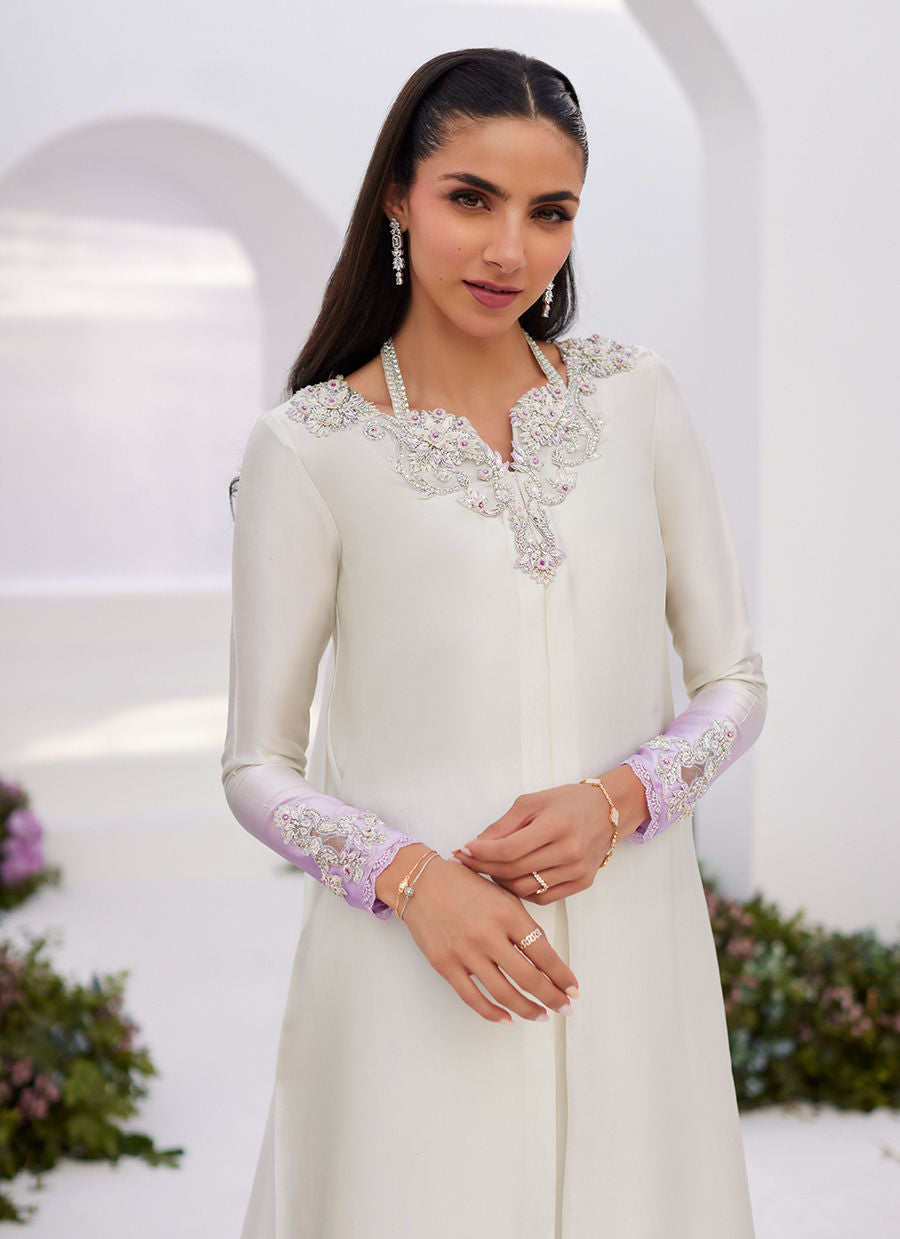 Farah Talib Aziz | Zaza Luxe Pret 24 | LIQUE SILVER OMBRE EMBELLISHED KAFTAAN CUT SHIRT - House Of Anaya
