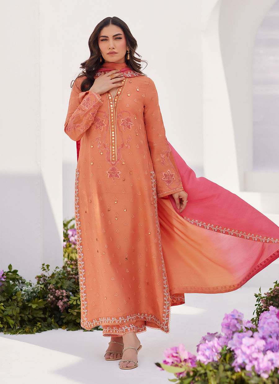 Farah Talib Aziz | Zaza Luxe Pret 24 | ELYNA CORAL EMBROIDERED RAW SILK SHIRT AND DUPATTA - House Of Anaya