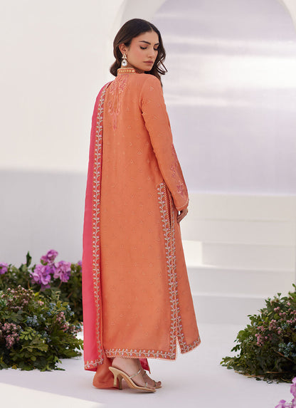 Farah Talib Aziz | Zaza Luxe Pret 24 | ELYNA CORAL EMBROIDERED RAW SILK SHIRT AND DUPATTA - House Of Anaya