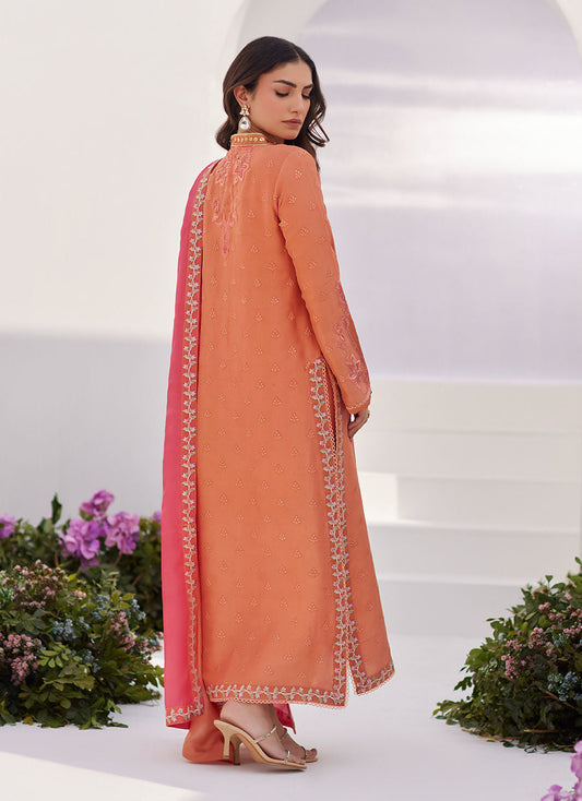 Farah Talib Aziz | Zaza Luxe Pret 24 | ELYNA CORAL EMBROIDERED RAW SILK SHIRT AND DUPATTA - House Of Anaya