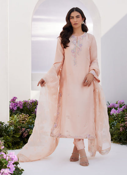 Farah Talib Aziz | Zaza Luxe Pret 24 | ELEA PEACH EMBROIDERED RAW SILK SHIRT AND DUPATTA - House Of Anaya