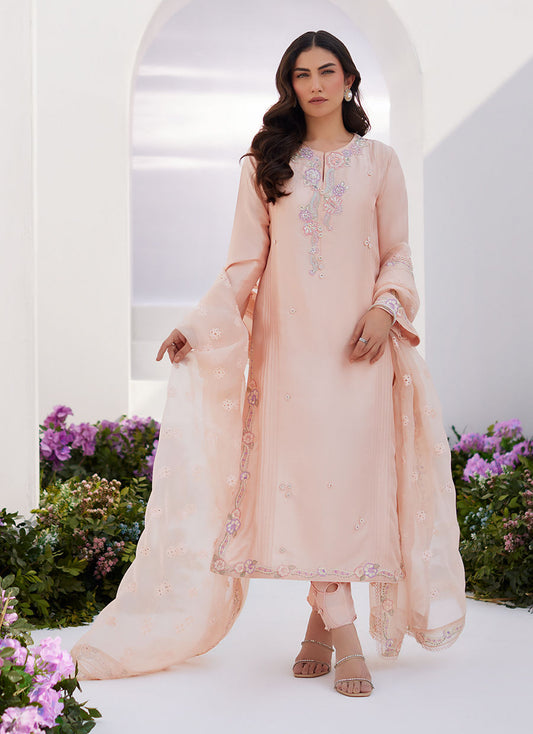 Farah Talib Aziz | Zaza Luxe Pret 24 | ELEA PEACH EMBROIDERED RAW SILK SHIRT AND DUPATTA - House Of Anaya