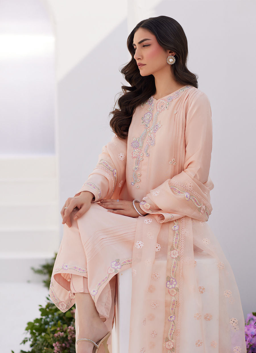 Farah Talib Aziz | Zaza Luxe Pret 24 | ELEA PEACH EMBROIDERED RAW SILK SHIRT AND DUPATTA - House Of Anaya