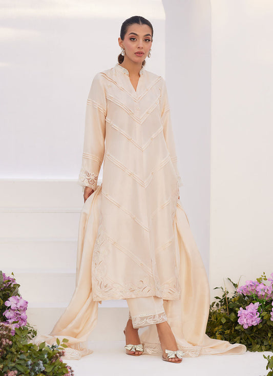 Farah Talib Aziz | Zaza Luxe Pret 24 | TISELE IVORY PLEATED RAW SILK SHIRT AND DUPATTA - House Of Anaya