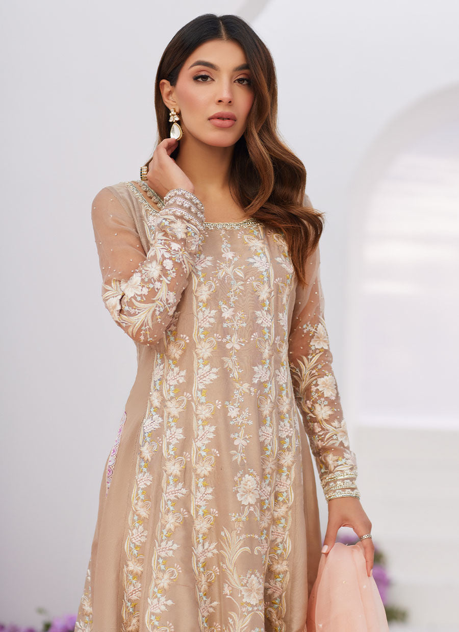 Farah Talib Aziz | Zaza Luxe Pret 24 | CHARLENE SAND EMBROIDERED KALIDAAR WITH DUPATTA - House Of Anaya