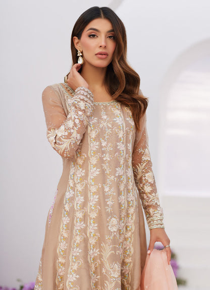 Farah Talib Aziz | Zaza Luxe Pret 24 | CHARLENE SAND EMBROIDERED KALIDAAR WITH DUPATTA - House Of Anaya