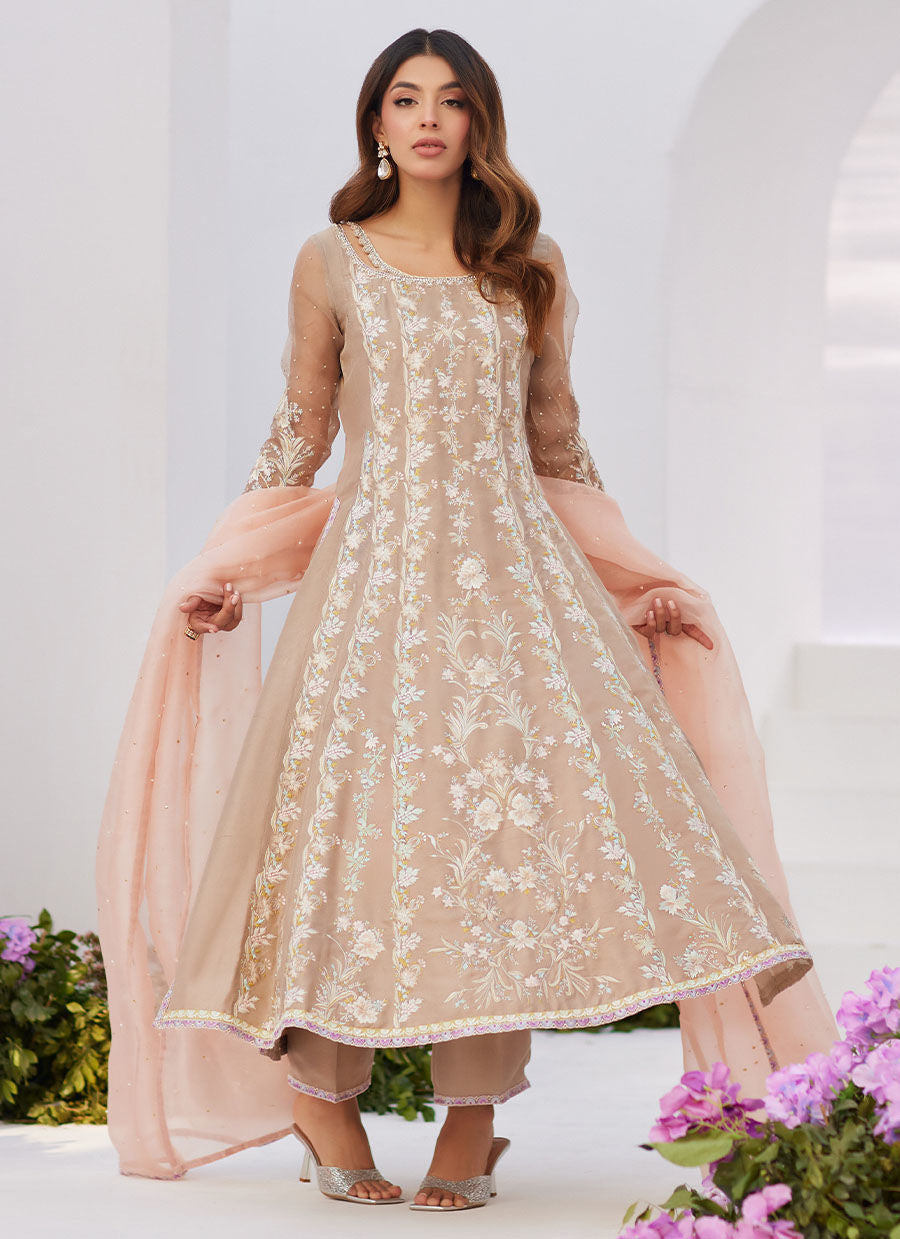 Farah Talib Aziz | Zaza Luxe Pret 24 | CHARLENE SAND EMBROIDERED KALIDAAR WITH DUPATTA - House Of Anaya