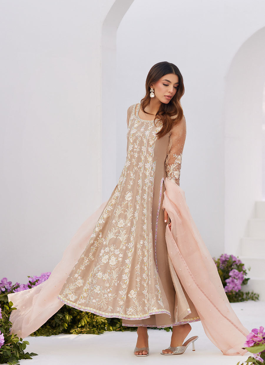 Farah Talib Aziz | Zaza Luxe Pret 24 | CHARLENE SAND EMBROIDERED KALIDAAR WITH DUPATTA - House Of Anaya