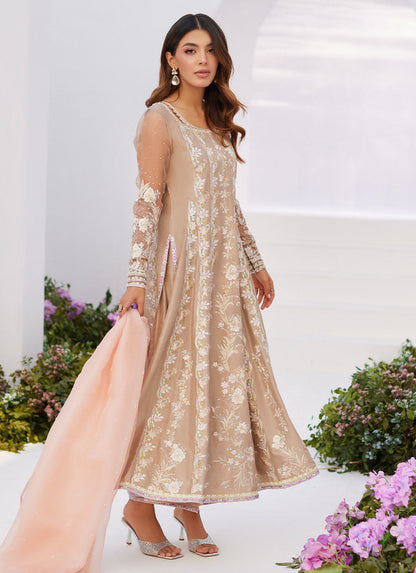 Farah Talib Aziz | Zaza Luxe Pret 24 | CHARLENE SAND EMBROIDERED KALIDAAR WITH DUPATTA - House Of Anaya