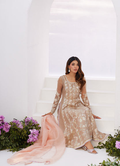 Farah Talib Aziz | Zaza Luxe Pret 24 | CHARLENE SAND EMBROIDERED KALIDAAR WITH DUPATTA - House Of Anaya