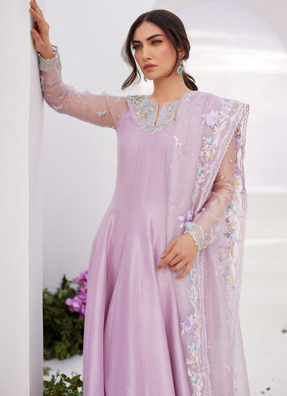 Farah Talib Aziz | Zaza Luxe Pret 24 | MANON LILAC EMBELLISHED RAW SILK KALIDAAR - House Of Anaya