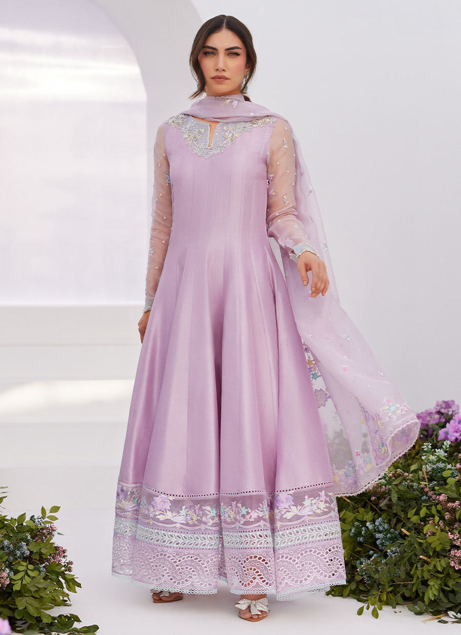 Farah Talib Aziz | Zaza Luxe Pret 24 | MANON LILAC EMBELLISHED RAW SILK KALIDAAR - House Of Anaya