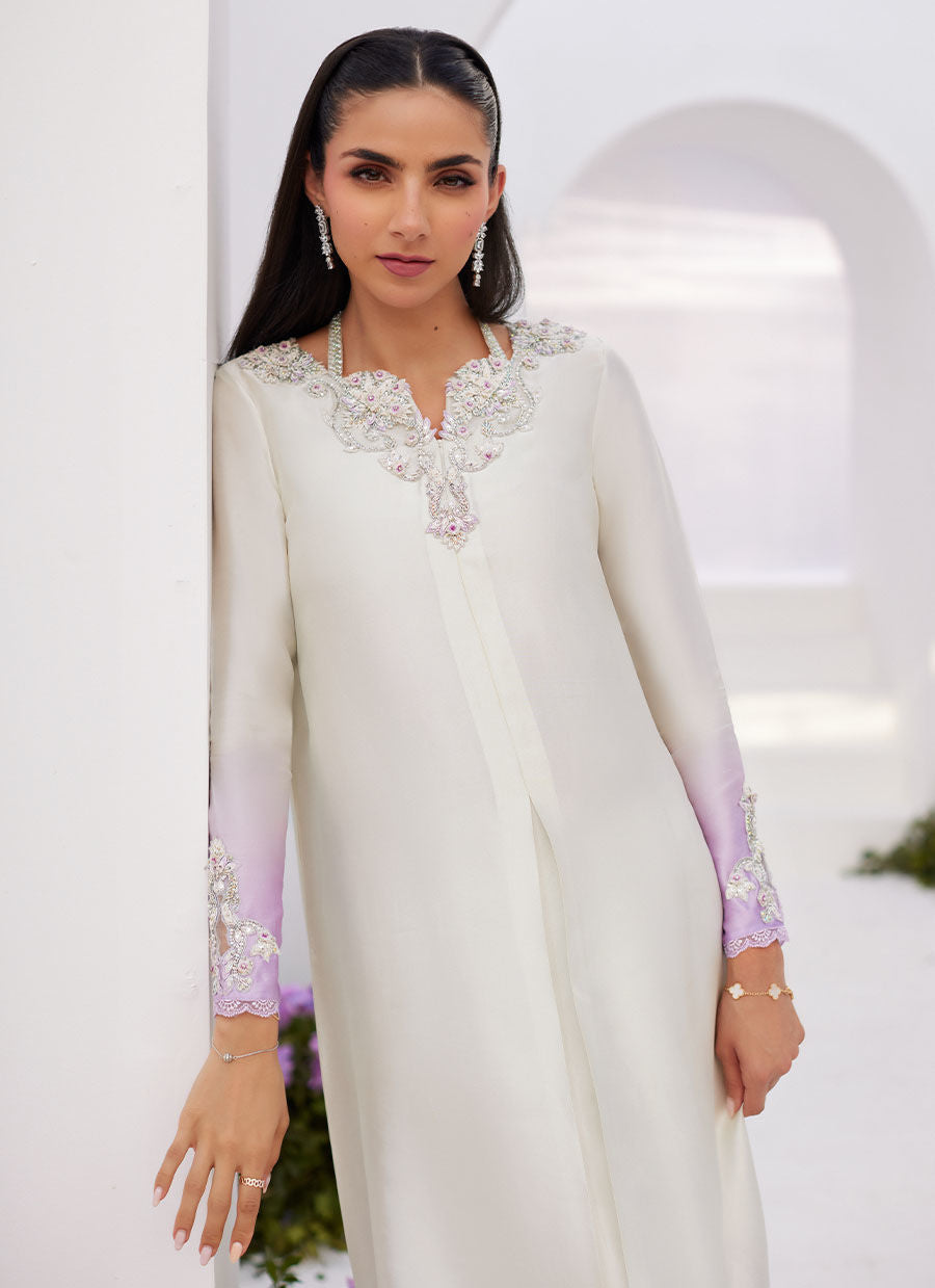 Farah Talib Aziz | Zaza Luxe Pret 24 | LIQUE SILVER OMBRE EMBELLISHED KAFTAAN CUT SHIRT - House Of Anaya