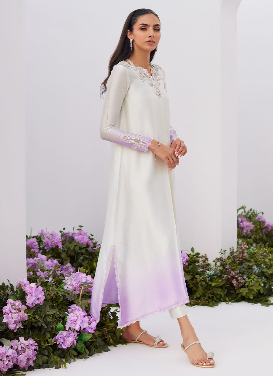 Farah Talib Aziz | Zaza Luxe Pret 24 | LIQUE SILVER OMBRE EMBELLISHED KAFTAAN CUT SHIRT - House Of Anaya