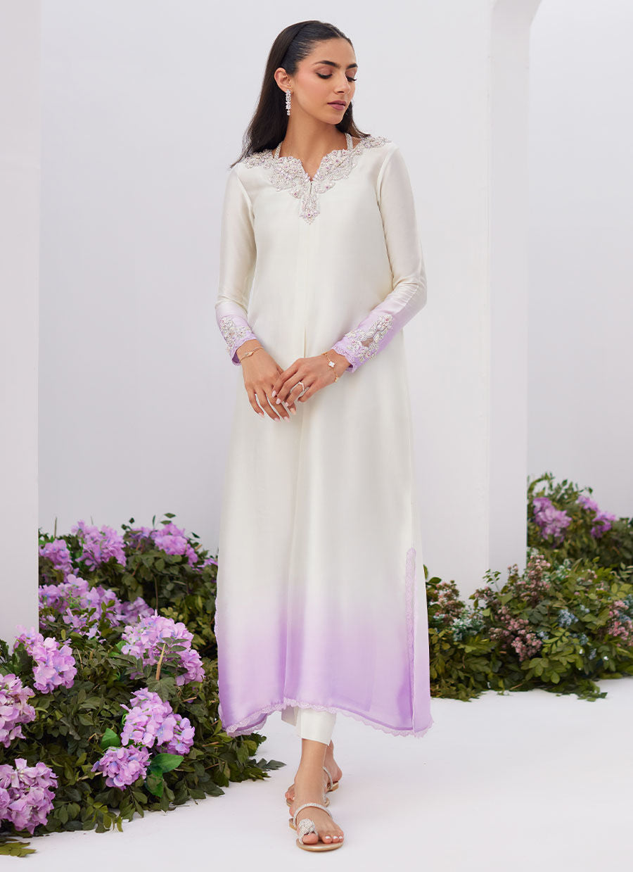 Farah Talib Aziz | Zaza Luxe Pret 24 | LIQUE SILVER OMBRE EMBELLISHED KAFTAAN CUT SHIRT - House Of Anaya