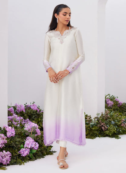 Farah Talib Aziz | Zaza Luxe Pret 24 | LIQUE SILVER OMBRE EMBELLISHED KAFTAAN CUT SHIRT - House Of Anaya
