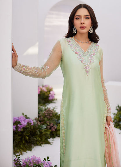 Farah Talib Aziz | Zaza Luxe Pret 24 | COLLETTE MINT OMBRE EMBELLISHED COLUMN SHIRT WITH KALIDAAR WITH EMBROIDERED SLIP - House Of Anaya