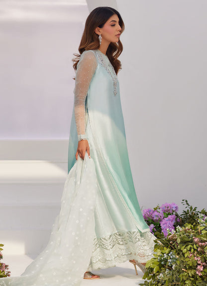 Farah Talib Aziz | Zaza Luxe Pret 24 | SOLENE AQUA OMBRE EMBELLISHED COLUMN SHIRT WITH EMBROIDERED KALIDAAR SLIP - House Of Anaya