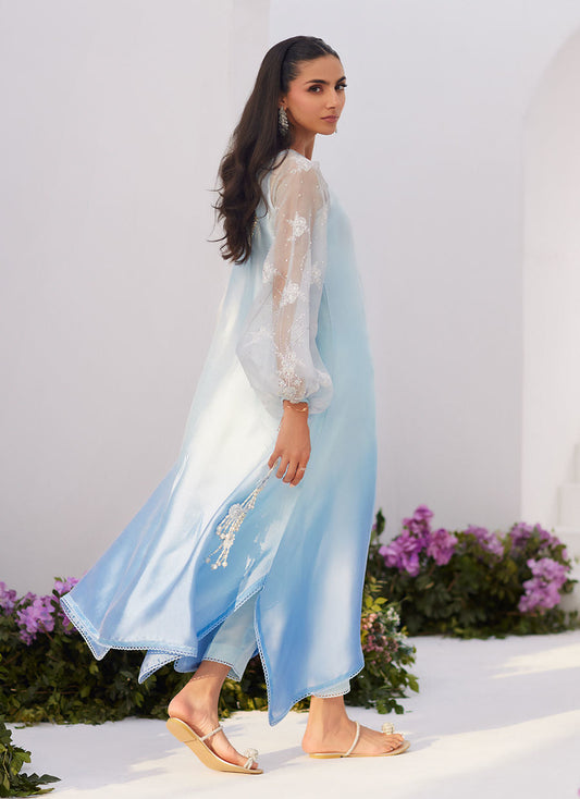 Farah Talib Aziz | Zaza Luxe Pret 24 | BOW OMBRE BLUE EMBELLISHED KAFTAN CUT SHIRT - House Of Anaya