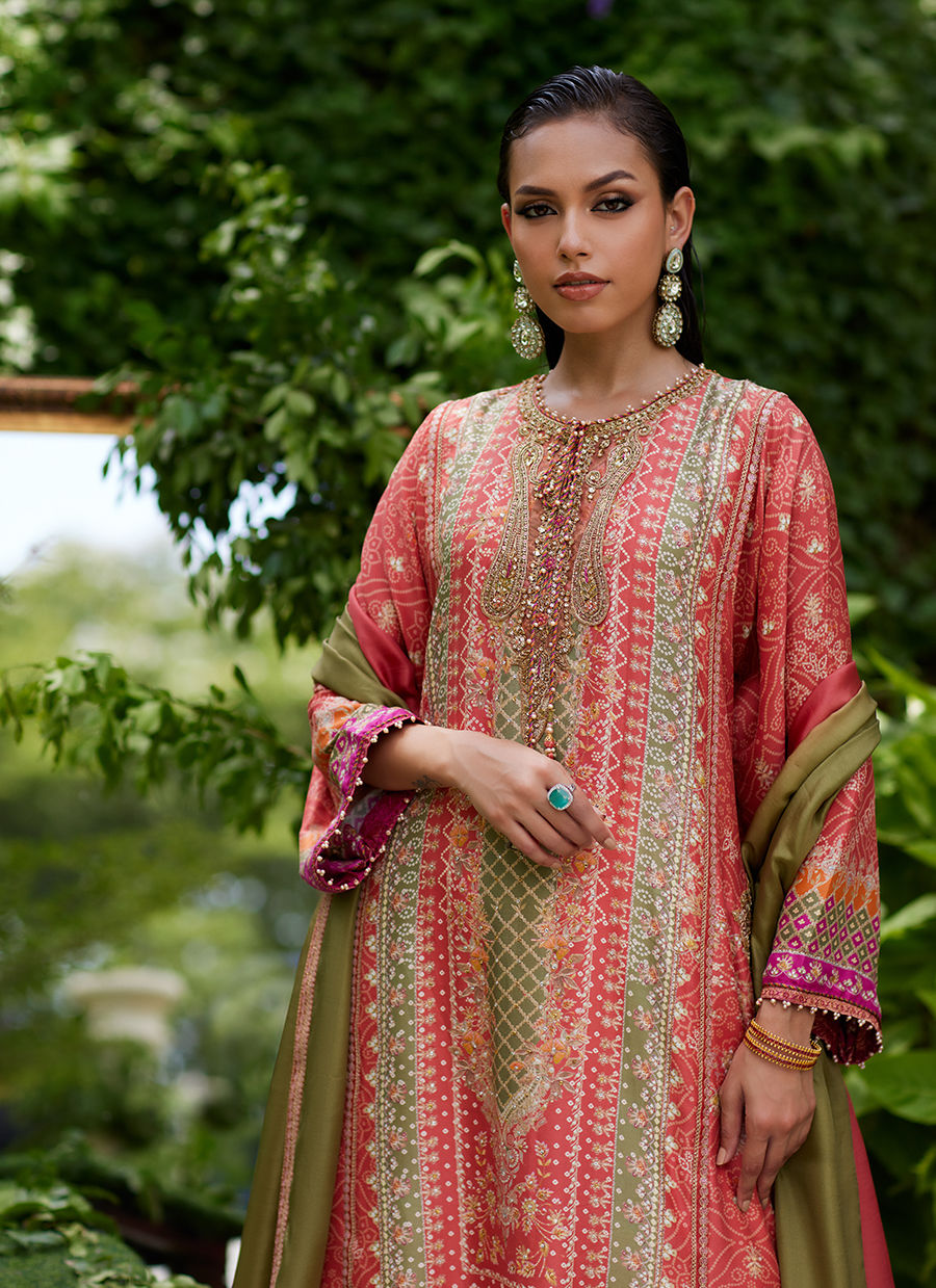 Farah Talib Aziz | Mayna Festive Prints 24 | Bazif Burnt Orange Shirt And Dupatta