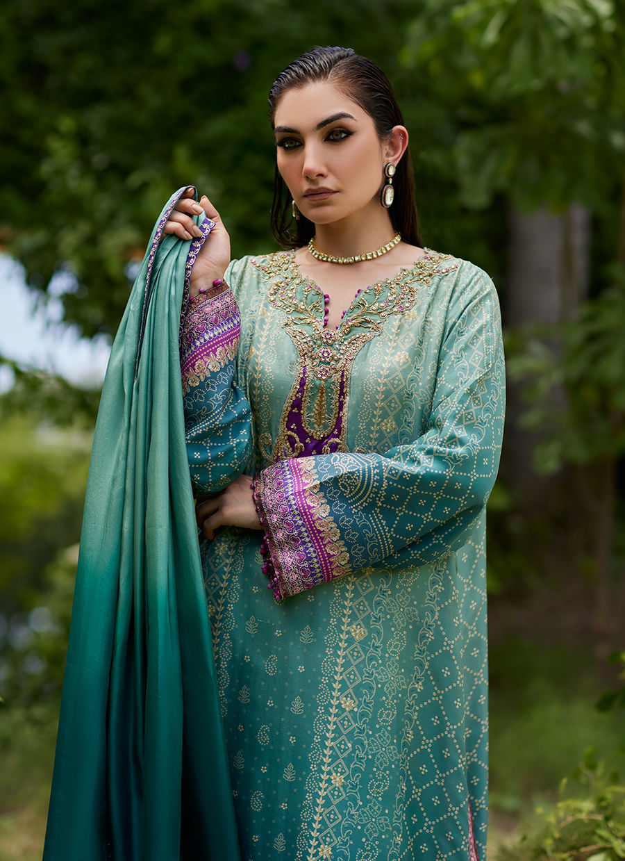 Farah Talib Aziz | Mayna Festive Prints 24 | Leisha Teal Ombre Shirt And Dupatta