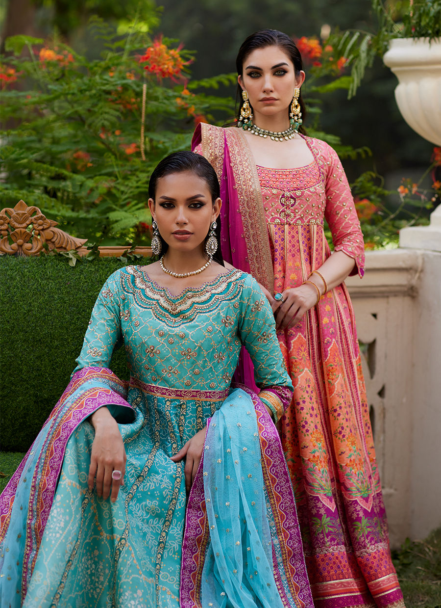 Farah Talib Aziz | Mayna Festive Prints 24 | Zaiba Turquoise Kalidaar