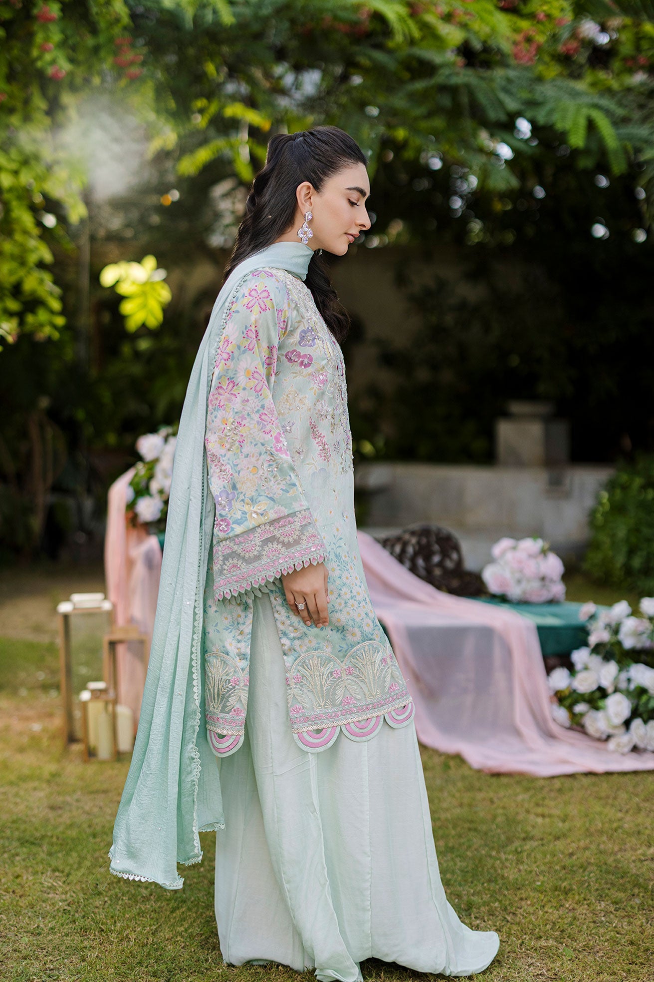 Dhanak | Silk Pret | Silk Tunic - 2PCS HAND EMBELLISHED SHIRT WITH TROUSER- L-GREEN