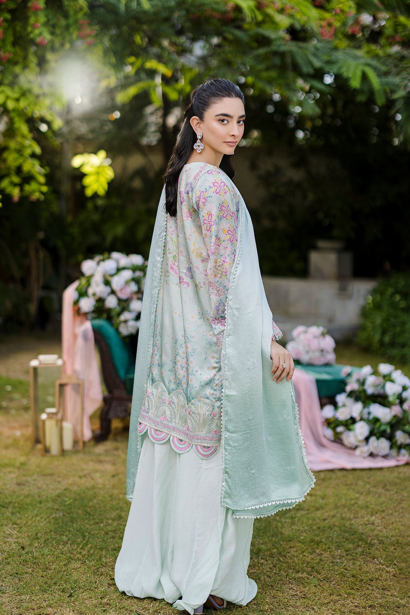 Dhanak | Silk Pret | Silk Tunic - 2PCS HAND EMBELLISHED SHIRT WITH TROUSER- L-GREEN