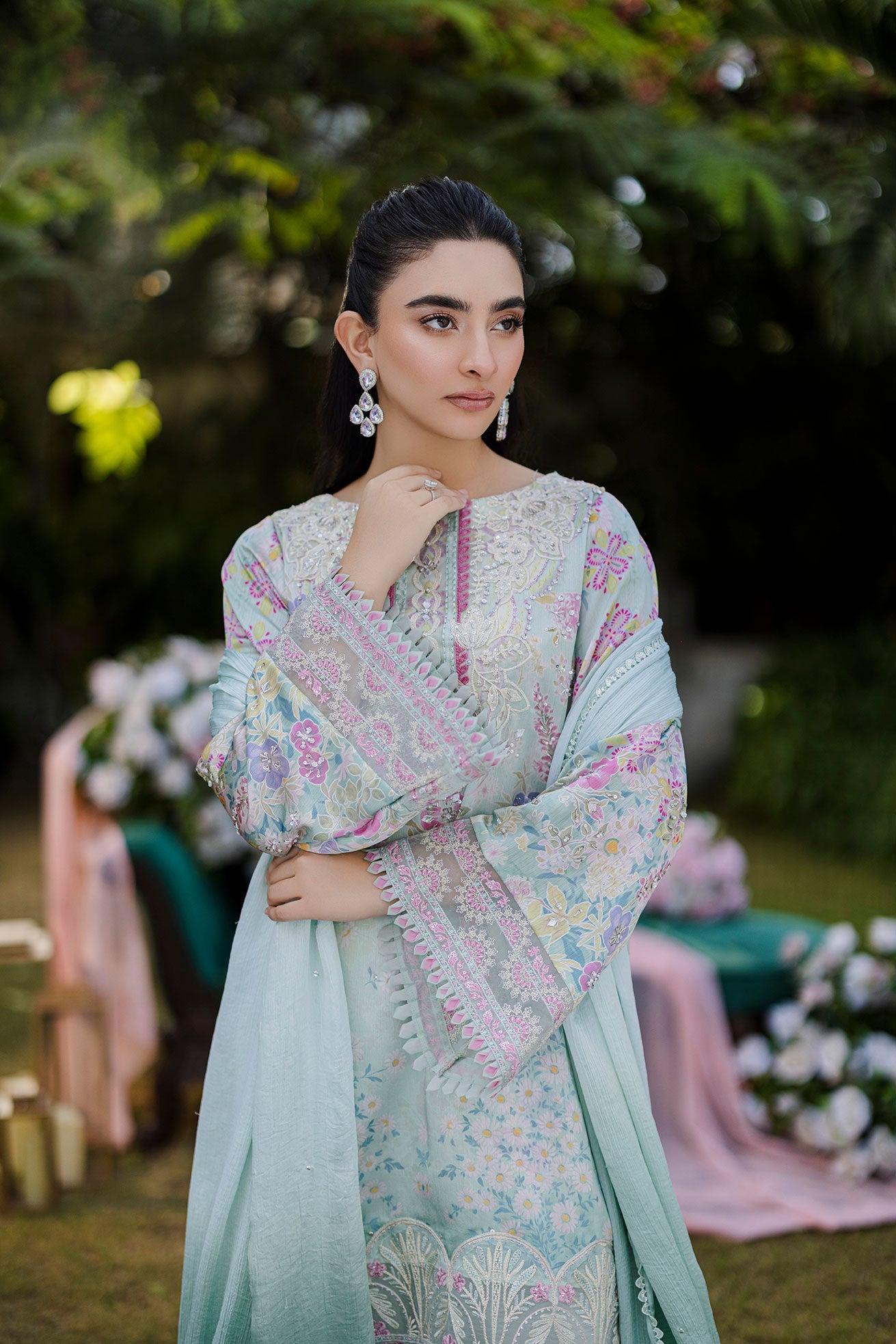 Dhanak | Silk Pret | Silk Tunic - 2PCS HAND EMBELLISHED SHIRT WITH TROUSER- L-GREEN